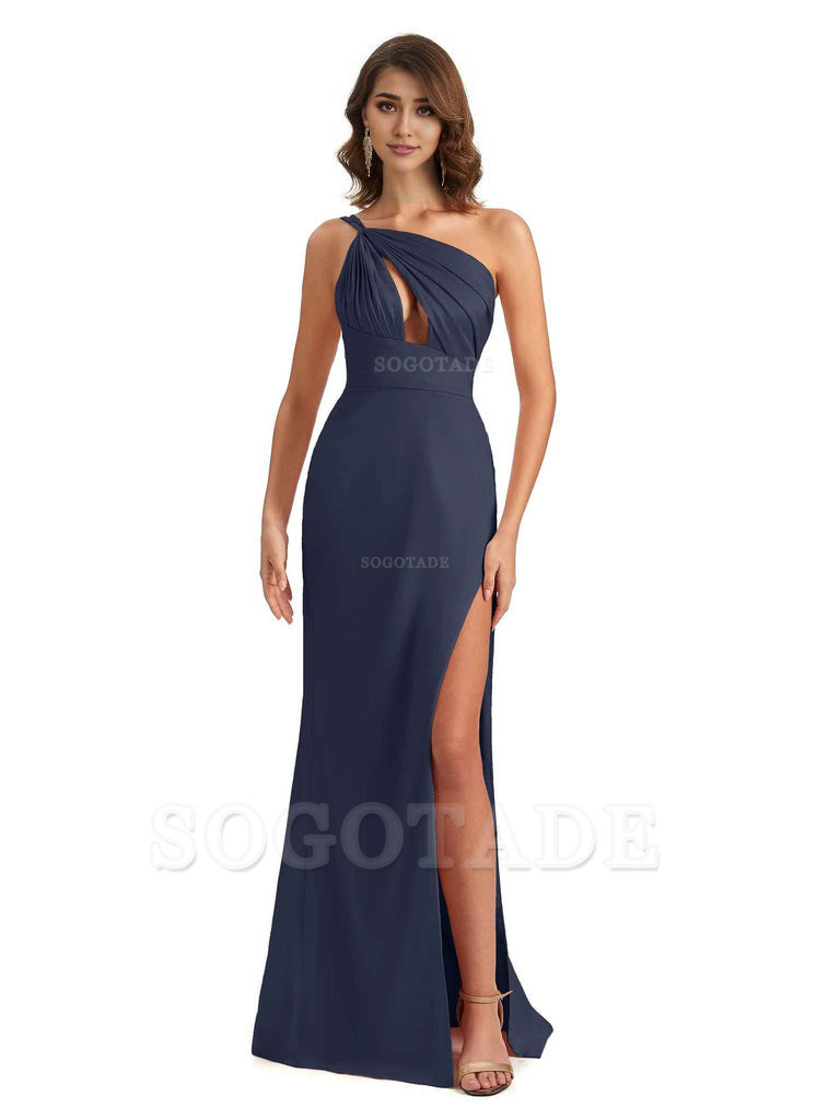 Sexy One Shoulder Silky Satin Unique Long Ladies Bridesmaid Dress For Wedding