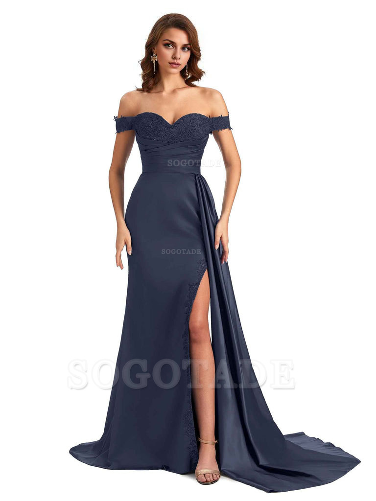 Sexy Off The Shoulder Mermaid Side Slit Silky Satin Long Bridesmaid Dress For Wedding
