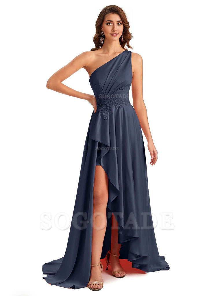 Sexy One Shoulder A-Line High Low Silky Satin Lace Long Formal Wedding Guest Dresses