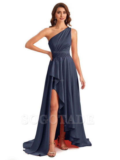 Sexy One Shoulder A-Line High Low Silky Satin Lace Long Formal Wedding Guest Dresses