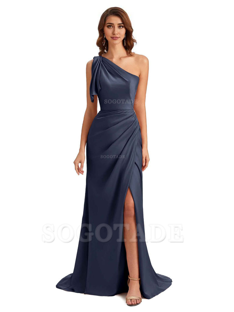 Sexy One Shoulder Mermaid Side Slit Unique Silky Satin Bridesmaid Dresses 