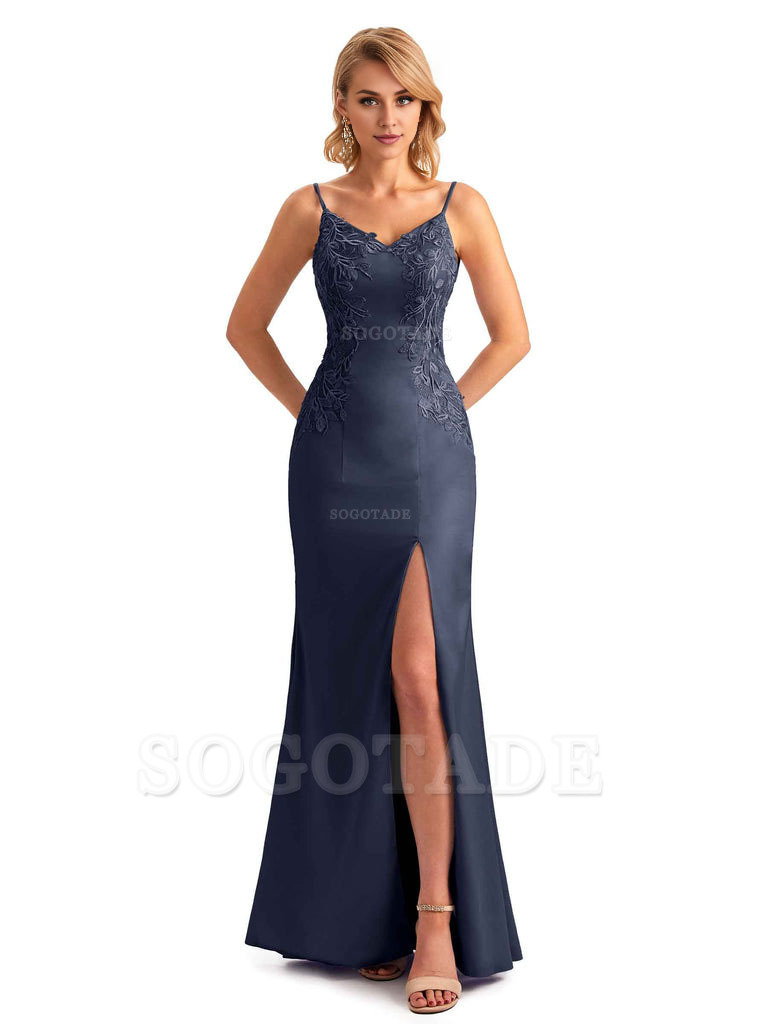 Sexy Side Split Mermaid Spaghetti Straps Soft Satin Unique Lace Long Bridesmaid Dresses