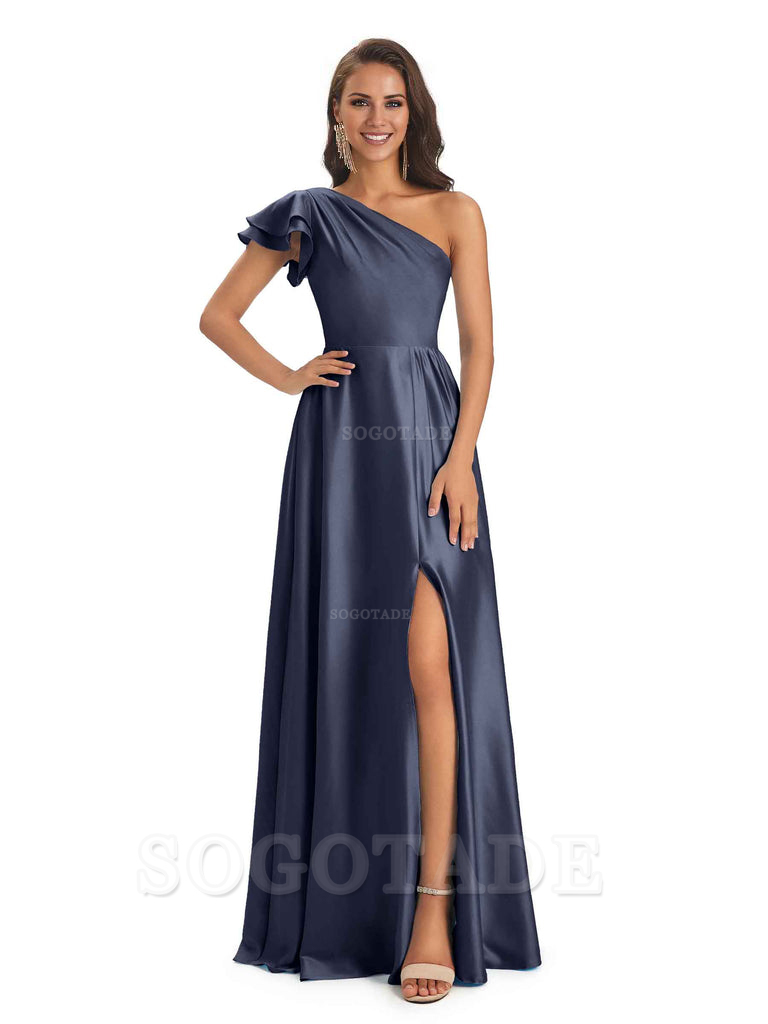 A-Line One Shoulder Ladies Long Bridesmaid Dresses Soft Satin Side Slit Elegant Evening Party Dress
