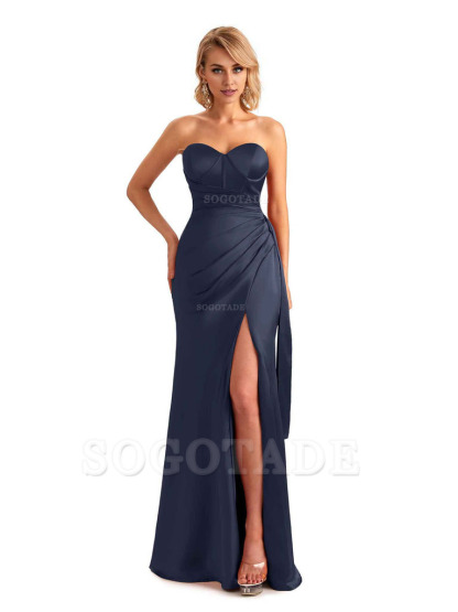 Sexy Side Slit Strapless Mermaid Soft Satin Unique Long Bridesmaid Dress For Wedding