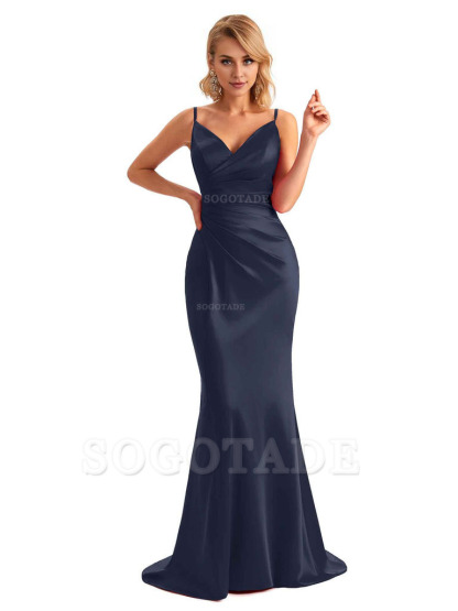  Sexy Backless Mermaid Spaghetti Straps Unique Long Formal Satin Dress For Women
