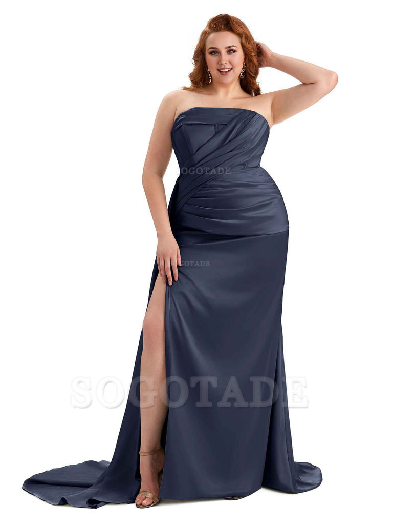 Sexy Side Slit Mermaid Soft Satin Formal Wedding Plus Size Bridesmaid Dresses