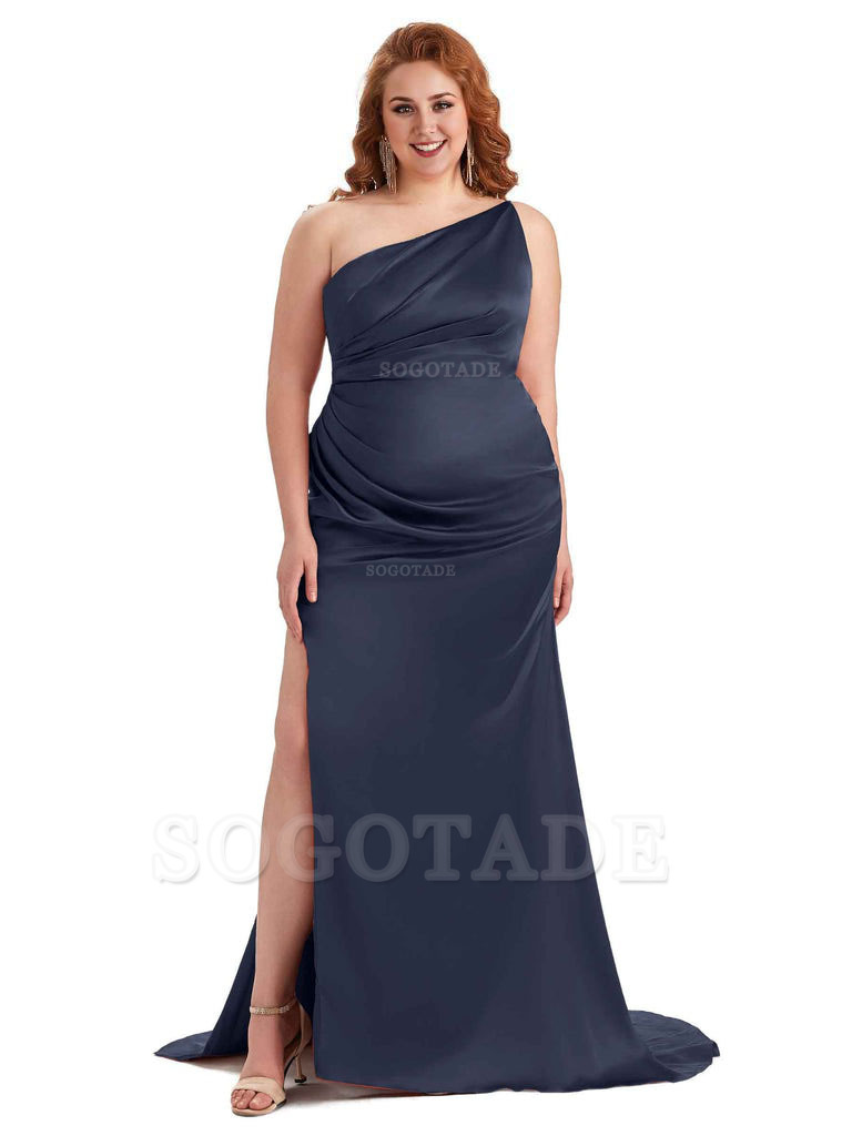 Sexy One Shoulder Side Slit Mermaid Soft Satin Long Plus Size Bridesmaid Dress For Wedding