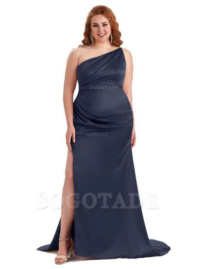 Sexy One Shoulder Side Slit Mermaid Soft Satin Long Plus Size Bridesmaid Dress For Wedding