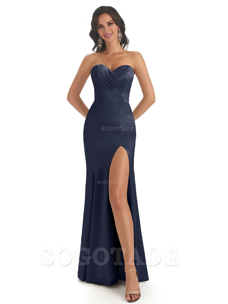 Simple Soft Satin Side Slit Sweetheart Long Mermaid Bridesmaid Dresses Elegant Evening Party Dress