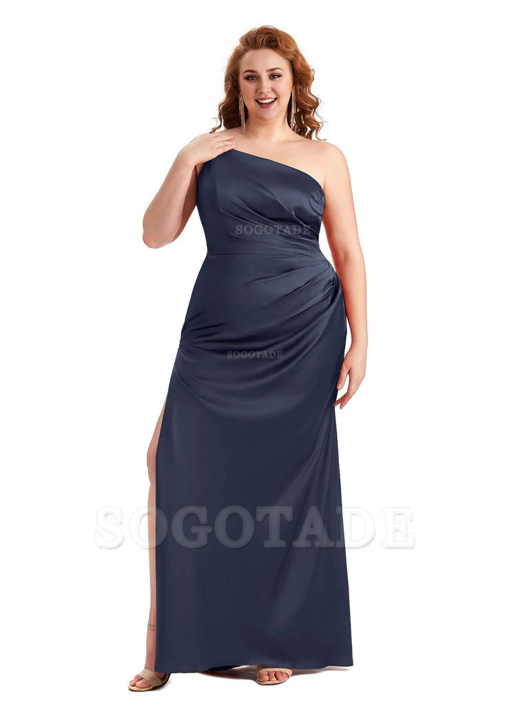 Sexy Side Slit One Shoulder Mermaid Soft Satin Long Plus Size Maid of Honour Dresses