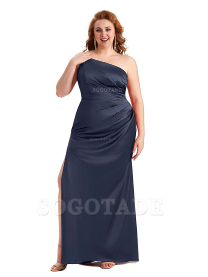 Sexy Side Slit One Shoulder Mermaid Soft Satin Long Plus Size Maid of Honour Dresses