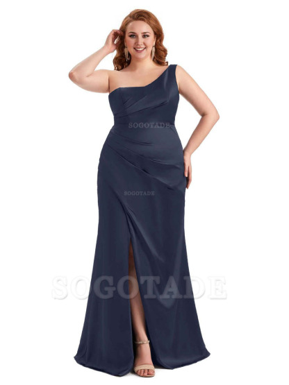 Sexy Side Slit One Shoulder Mermaid Long Plus Size Satin Maxi Dresses