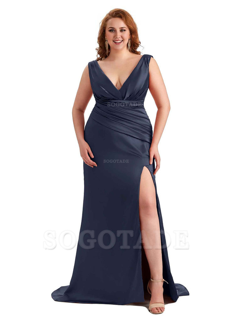 Elegant V-neck Side Slit Mermaid Soft Satin Long Plus Size Bridesmaid Dress For Wedding