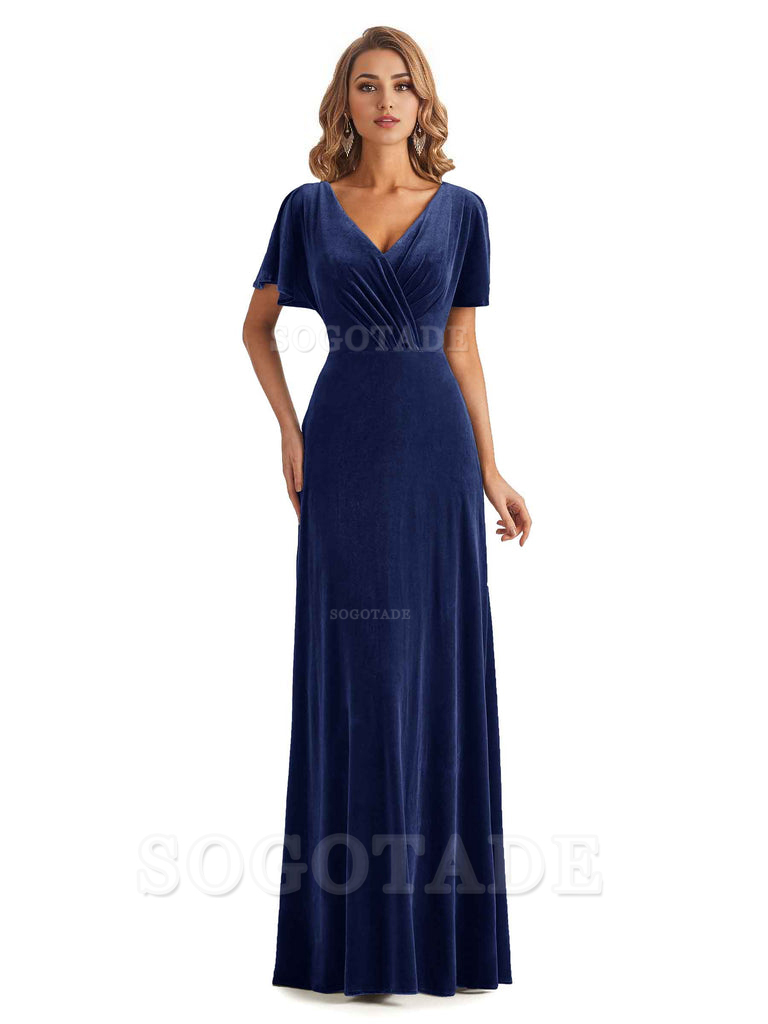 Elegant Mermaid V-neck Short Sleeves Unique Velvet Long Bridesmaid Dresses