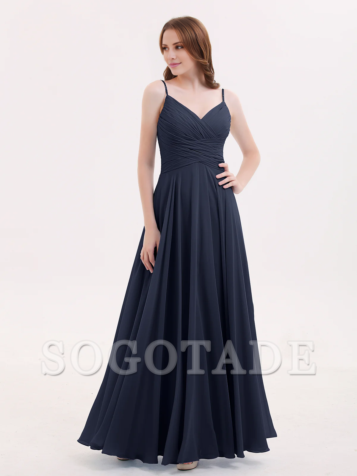 V-neck Fine Shoulder Strap Floor Length Chiffon Bridesmaid Dresses Online