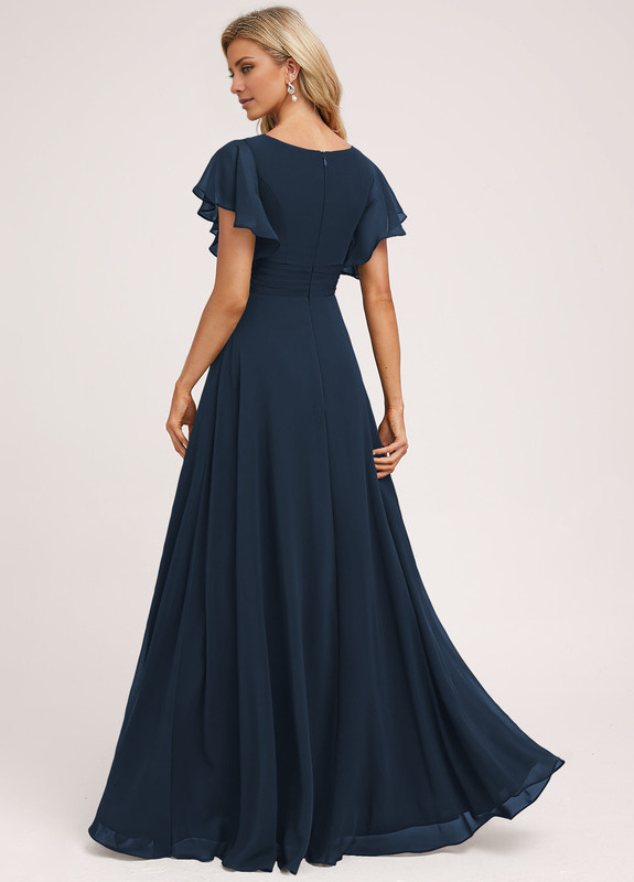 Ruffle A-line V-neck and floor chiffon bridesmaid dress