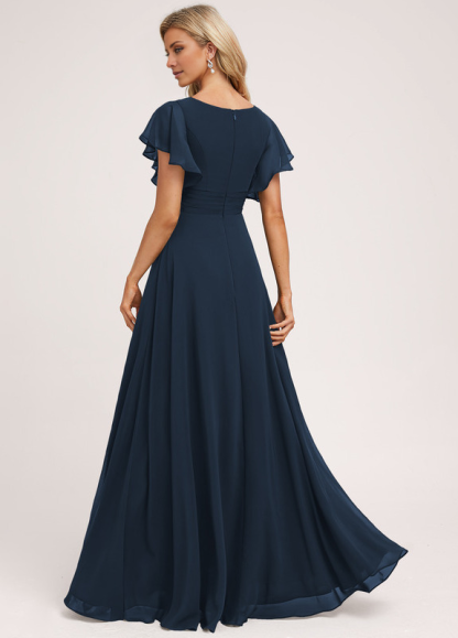 Ruffle A-line V-neck and floor chiffon bridesmaid dress