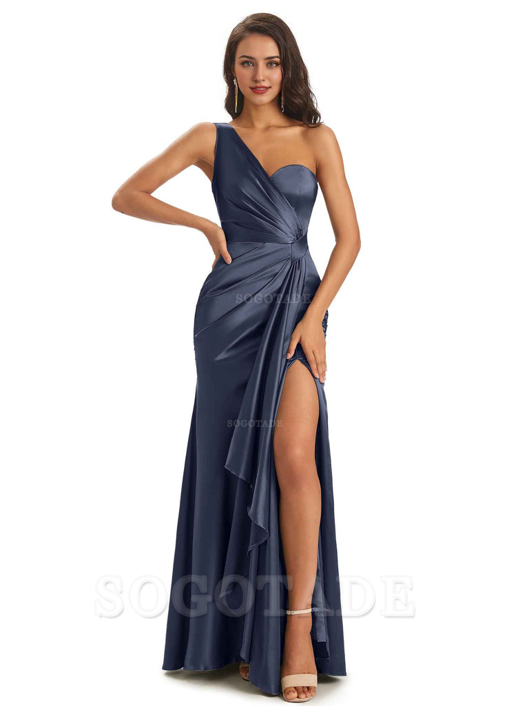 Elegant Soft Satin Side Slit One Shoulder Unique Mermaid Bridesmaid Dresses Online prom dresses shops