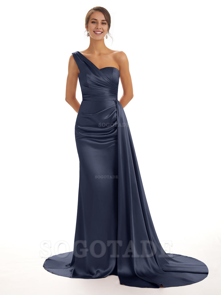 Elegant One Shoulder Soft Satin Unique Mermaid Long Bridesmaid Dresses Online prom dresses shops