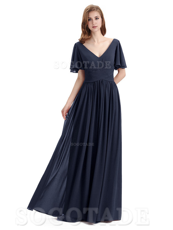 A-Line Chiffon Short Sleeves Elegant Floor-Length Bridesmaid Dresses Formal Women's Dresses Wedding Guests Dresses