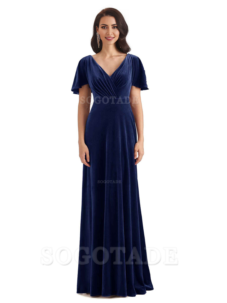 V-Neck Sexy See Through Short Sleeves Lace up Velvet Long Bridesmaid Dresses Formal Women's Dresses Wedding Guests Dresses