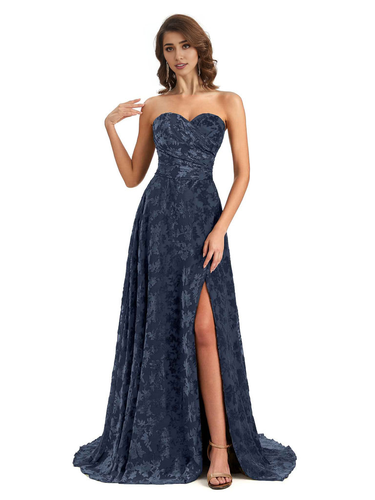 Sexy Side Slit Strapless Floral Velvet Sweetheart Long Bridesmaid Dresses