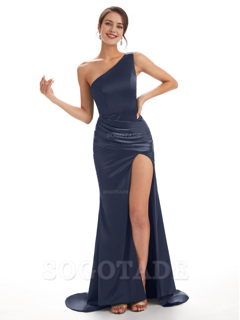 Sexy Soft Satin Side Slit One Shoulder Long Mermaid Bridesmaid Dresses Online prom shop dresses ﻿