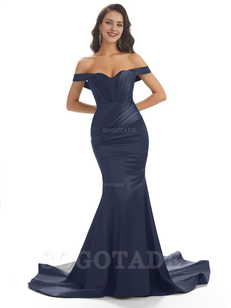 Sexy Mermaid Off The Shoulder Floor-Length Long Soft Satin Bridesmaid Dresses Online prom shop dresses