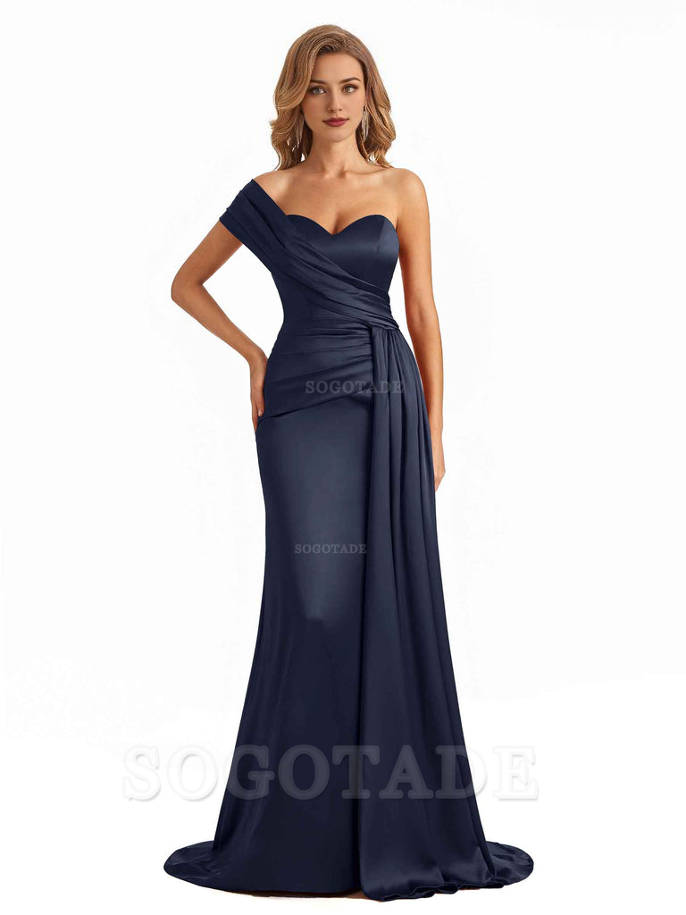 Elegant One Shoulder Soft Satin Long Mermaid Bridesmaid Dresses Online prom shop dresses ﻿