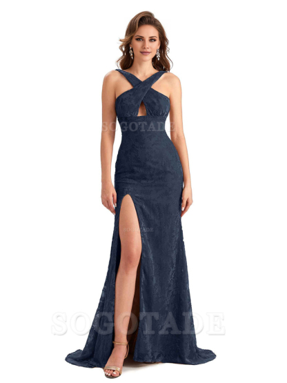 Sexy Side Slit Mermaid Cultivate oneself Lace Floral Velvet Long Bridesmaid Dresses Formal Women's Dresses Wedding Guests Dresses