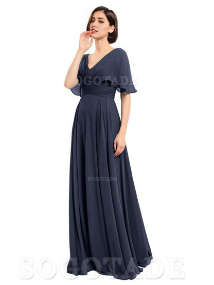 V-Neck Cap Sleeves Sleeves Chiffon Long Elegant Bridesmaid Dresses Formal Wear Dresses