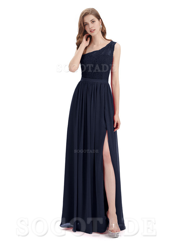 A-Line One Shoulder Top Lace Floor-Length Elegant Adoration Bridesmaid Dresses Formal Women's Dresses Wedding Guests Dresses