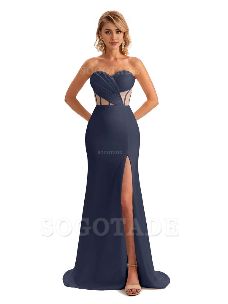 Sexy Sweetheart Strapless Side Slit Mermaid Soft Satin Unique Long Bridesmaid Dress For Wedding