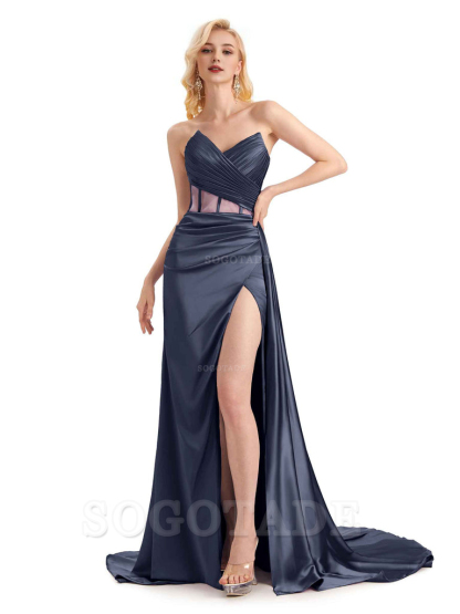 Sexy Soft Satin Side Slit See Through Floor-Length Long Mermaid Bridesmaid Dresses prom shop dresses