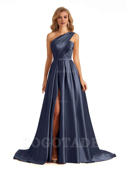 Sexy Side Slit One Shoulder A-Line Soft Satin Long Bridesmaid Dresses Online prom dress in store
