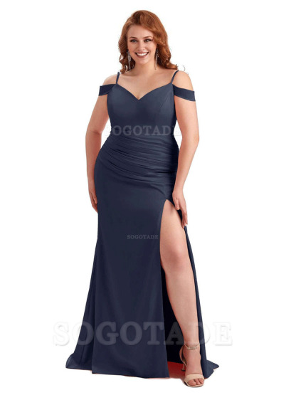 Sexy Side Slit Mermaid Cold Shoulder Soft Satin Long Plus Size Bridesmaid Dresses Online