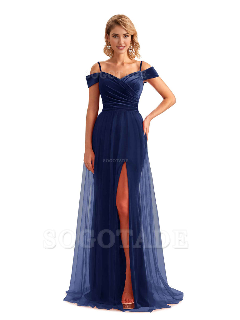 Elegant Mermaid Spaghetti Straps Floor Length Cold Shoulder Side Slit Tulle Velvet Long Bridesmaid Dresses