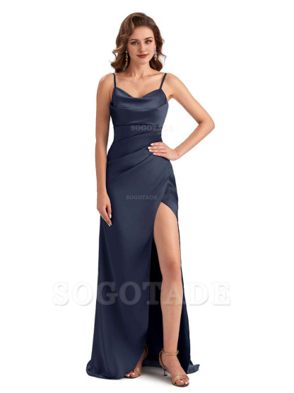 Soft Satin Side Slit Spaghetti Straps Sexy Wedding Bridesmaid Dresses