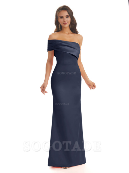 Soft Satin Sexy Side Slit One Shoulder Long Mermaid Bridesmaid Dresses Online prom dress in store