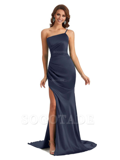 Sexy Silky Satin Side Slit One Shoulder Unique Long Wedding Guest Maxi Dresses