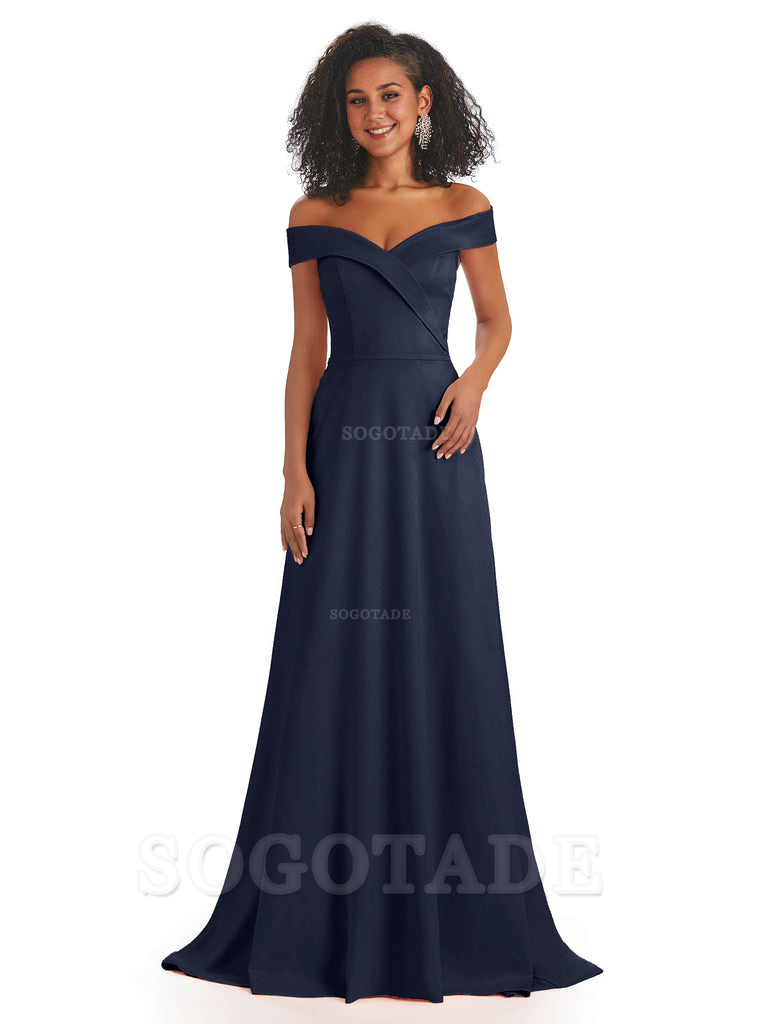 Soft Satin Off The Shoulder Long A-Line African Bridesmaid Dresses prom dress stores ﻿