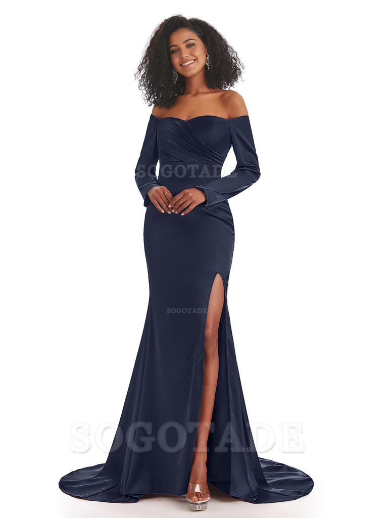 Mermaid Long Sleeve Satin formal dresses evening gown Bridesmaid Dresses With Side Slit 