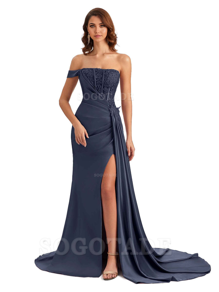 Mermaid Off Shoulder Applique formal dresses evening gown Bridesmaid Dresses With Side Slit 