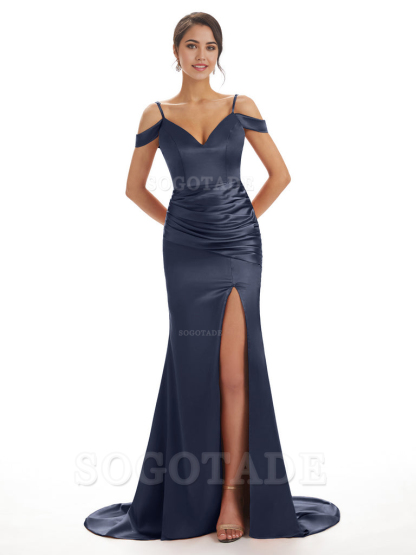 Mermaid Off The Shoulder Satin formal dresses evening gown Bridesmaid Dresses With Side Slit 