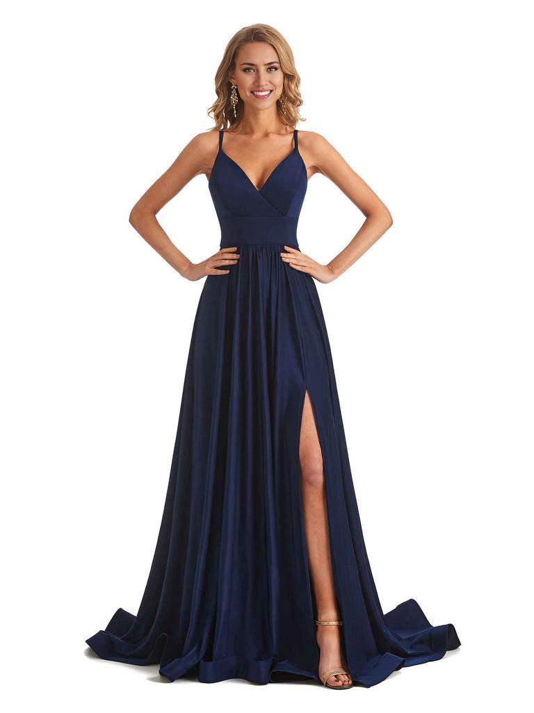 Elegant Spaghetti Straps A-Line Long Formal Bridesmaid Dresses With Side Slit Stretchy Jersey Elegant Evening Party Dress