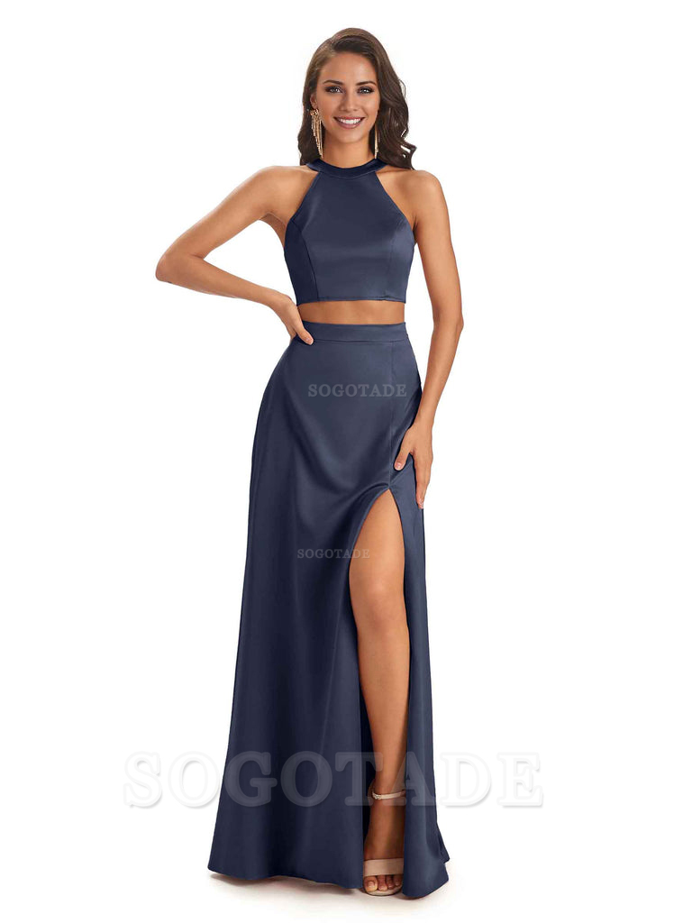 Soft Satin Two-Pieces Halter Side Slit Sexy Fashion Bridesmaid Dresses Charming Evening Party Dress