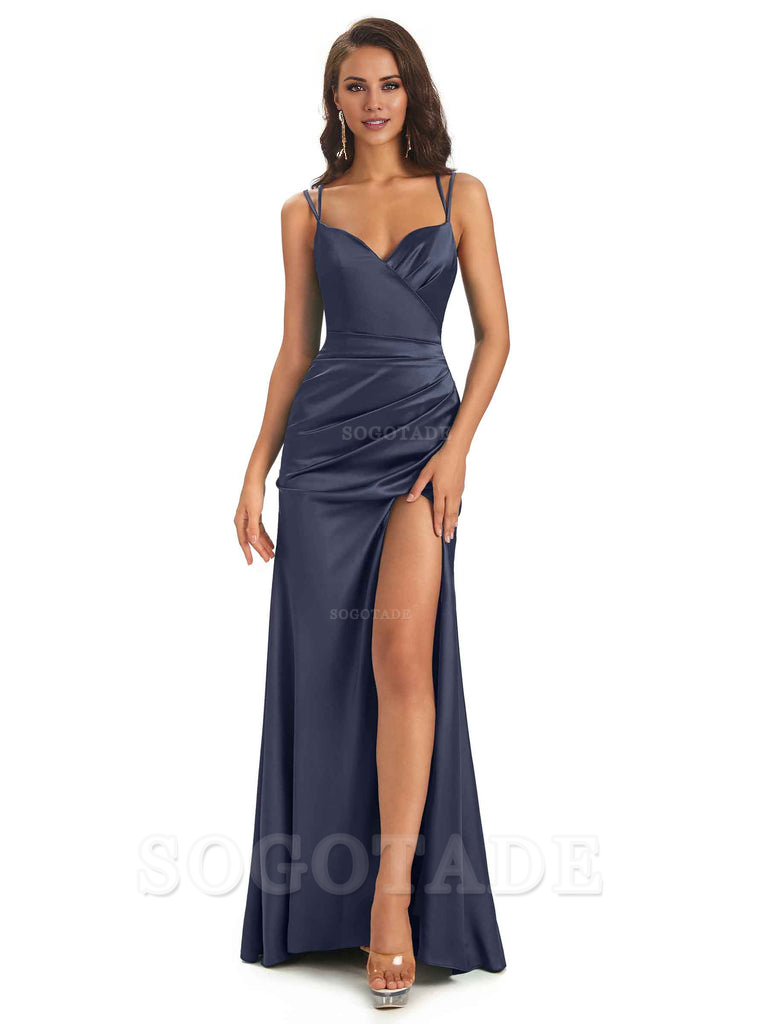 Sexy Soft Satin Side Slit Spaghetti Straps Long Maxi Mermaid Bridesmaid Dresses Elegant Evening Party Dress