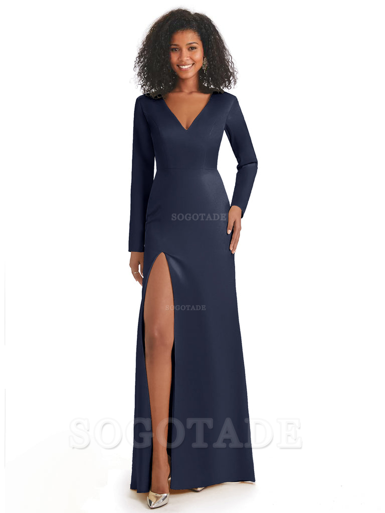 Soft Satin Side Slit Long Sleeves V-Neck Long African Mermaid Bridesmaid Dresses Elegant Evening Party Dress