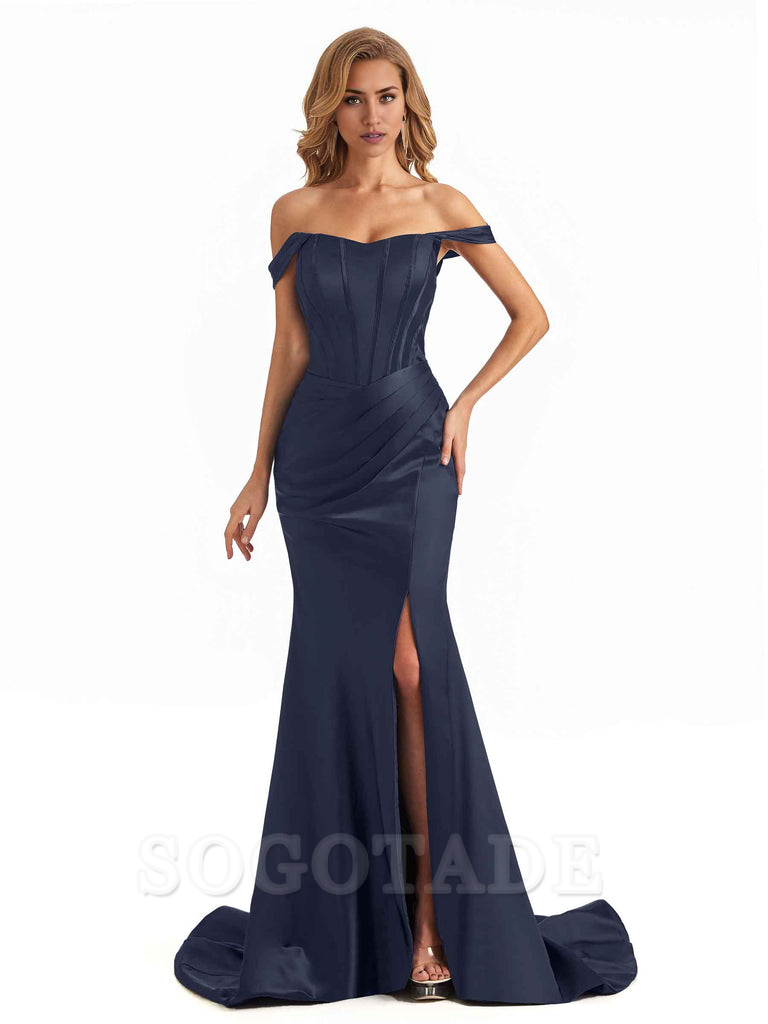 Sexy Long Mermaid Bridesmaid Dresses Off The Shoulder with Side Slit Satin Elegant Evening Party Dress 