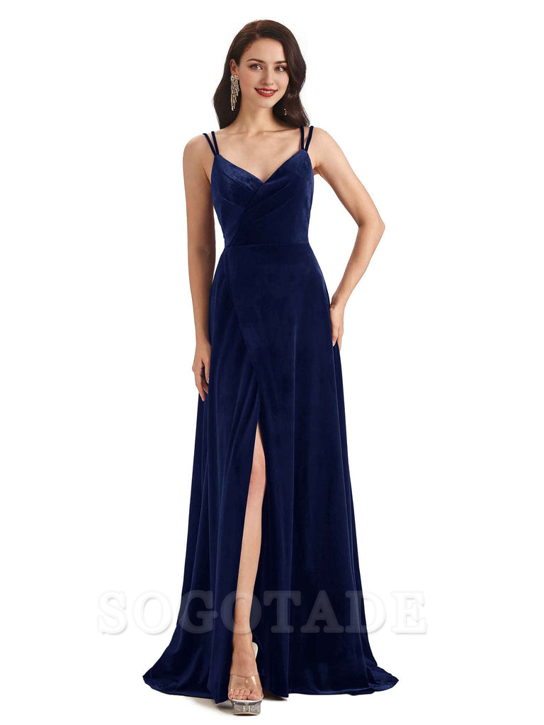 Sexy Velvet Long Bridesmaid Dresses Spaghetti Straps Open Back with Side Slit